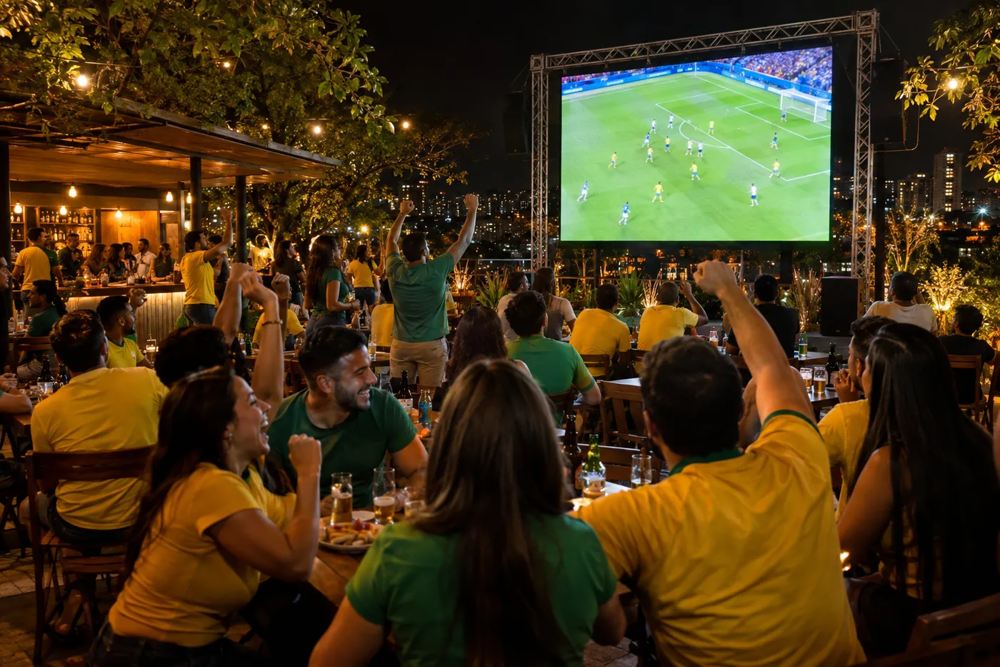 Telão de LED ao ar livre exibindo uma partida de futebol para clientes de um bar